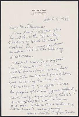Herbert Brutus Ehrmann Papers, 1906-1970. Sacco-Vanzetti. Clifton M. Neal and Shelley A. Neal. Box 13, Folder 19, Harvard Law School Library, Historical & Special Collections