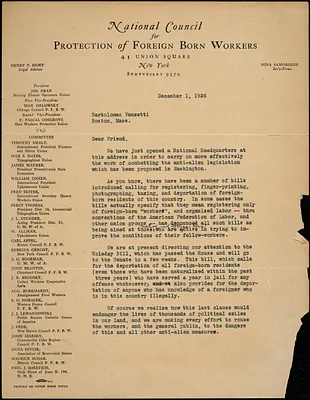 National Council for Protection of Foreign Born Workers typed letter (form letter) to Bartolomeo Vanzetti, 1 December 1926