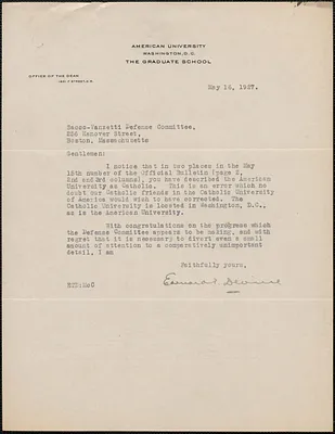 Edward T. Devine typed letter signed to Sacco-Vanzetti Defense Committee, Washington, D.C., May 16, 1927
