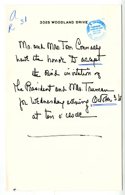 Invitation Reply from Senator and Mrs. Tom Connally to the White House Social Office