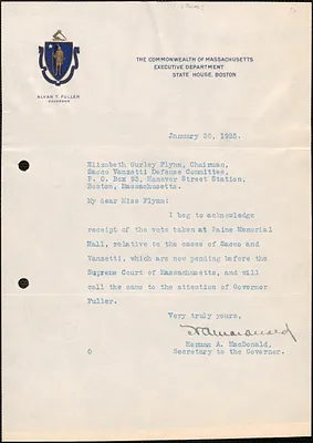 Herman A. MacDonald (Executive Department. Commonwealth of Massachusetts) typed note signed to Elizabeth Gurley Flynn, Boston, Mass., January 30, 1925