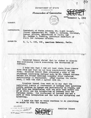 Memorandum of Conversation with Secretary of State Dean Acheson, Ambassador of France Henri Bonnet, Henry Byroade, and George W. Perkins