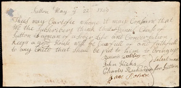 William Croxford indentured to apprentice with Daniel Chase of Sutton, 5 June 1749