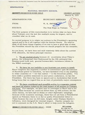 Memorandum for Secretary of State Henry Kissinger Regarding the Next Steps on Vietnam