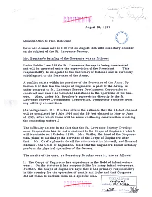 Memorandum for the Record, Meeting of Sherman Adams and Wilbur Brucker Regarding the Saint Lawrence Seaway