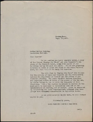 Mary Donovan (Sacco-Vanzetti Defense Committee) typed letter (copy) to Arthur M. Lehning, Boston, Mass., September 13, 1927