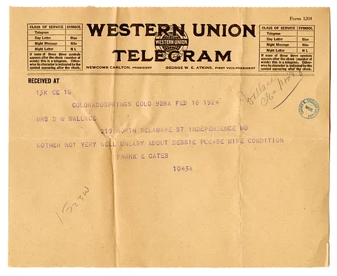 Telegram from Frank Gates to Madge Gates Wallace