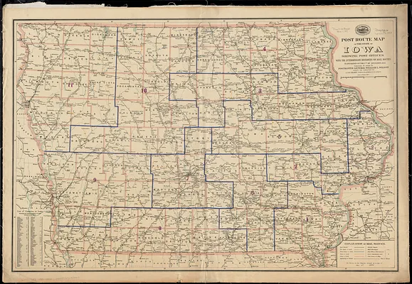 Post route map of the State of Iowa showing post offices with the intermediate distances and mail routes in operation on the 1st of December, 1895