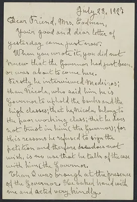 Herbert Brutus Ehrmann Papers, 1906-1970. Sacco-Vanzetti. Bartolomeo Vanzetti. Autograph Letters Signed to Mrs. Katherine Codman, Apr. 19, 1927 and July 23, 1927. Box 16, Folder 16, Harvard Law School Library, Historical & Special Collections