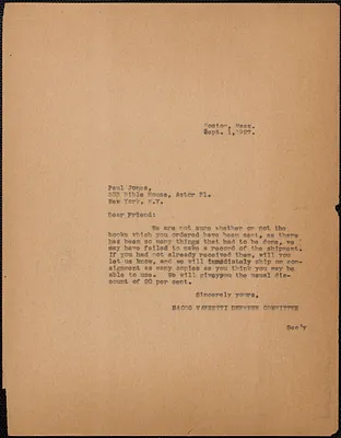 Sacco-Vanzetti Defense Committee typed note (copy) to Paul Jones, Boston, Mass., September 1, 1927