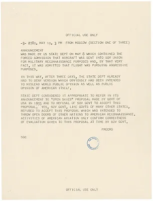 Telegram from the American Embassy in Moscow to Secretary of State Christian Herter Regarding Downed U-2 Plane