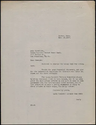 Mary Donovan (Sacco-Vanzetti Defense Committee) typed letter (copy) to Anna Cornblath (Sacco-Vanzetti United Front Conference of San Francisco), Boston, Mass., November 19, 1927