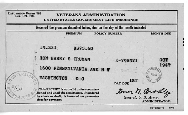 Bill from Veterans Administration, United States Government Life Insurance for Harry S. Truman