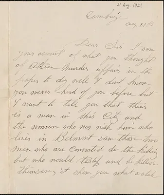 Autograph letter to J. A. Harley, Cambridge, Mass., August 21, 1921
