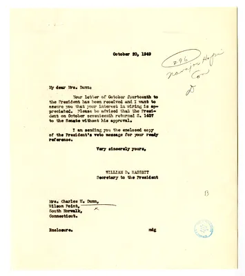 Letter from Alice Dunn to President Harry S. Truman with a Reply from William D. Hassett