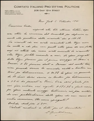 Luigi Quintiliano (Comitato Italiano Pro-Vittime Politiche) autograph letter signed, in Italian, to [Emilio] Coda, New York, N.Y., September 6, 1921