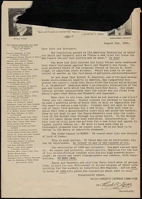 Frank R. Lopez (Sacco-Vanzetti Defense Committee) typed letter signed (circular), Boston, Mass., August 2, 1923