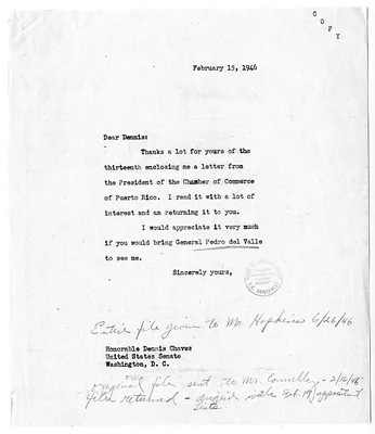 Letter from President Harry S. Truman to Senator Dennis Chavez, with Related Material