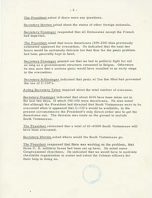 Notes of the Cabinet Meeting Regarding the Evacuation of Saigon, South Vietnam