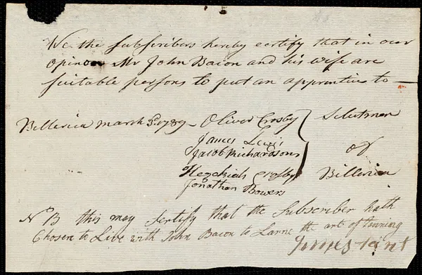 James Taunt indentured to apprentice with John Bacon of Billerica, 1 April 1789