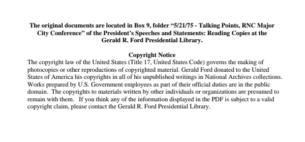 5/21/75 - Talking Points, RNC Major City Conference