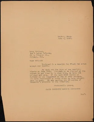 Sacco-Vanzetti Defense Committee typed note (copy) to Rose Karsner (International Labor Defense), Boston, Mass., July 5, 1927