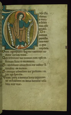 Leaf from the Touke Psalter: Psalm 26, Initial ""D"" with Saint Peter Trampling Nero
