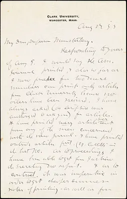 Hall, Granville Stanley, 1844-1924 autograph letter signed to Hugo Münsterberg, Worcester, Mass., 17 August 1893