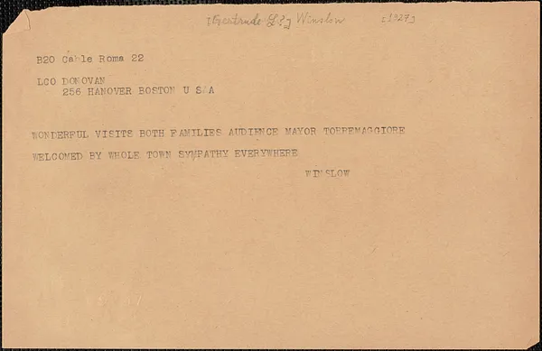 Gertrude L. Winslow telegram (copy) to Mary Donovan, Rome, Italy, [1927]