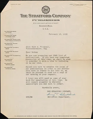 Henry T. Schmittkind (The Stratford Company) typed letter signed to Zula [Maud] Woodhull, Boston, February 16, 1926