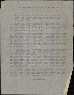 Citizens National Committee for Sacco and Vanzetti press release (copy), [Boston, Mass.], August 16, 1927