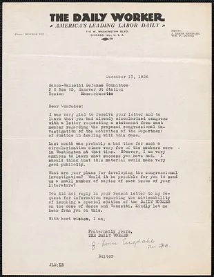 J. Louis Engdahl (The Daily Worker) typed letter signed to Sacco-Vanzetti Defense Committee, Chicago, Ill., December 17, 1926
