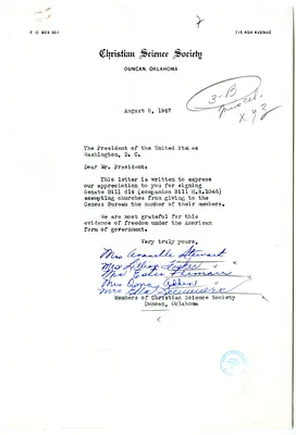 Letter from the Members of the Christian Science Society to Duncan, Oklahoma to President Harry S. Truman