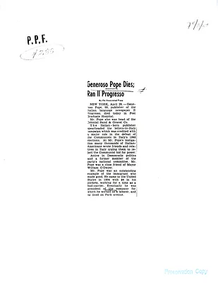 Obituary of Generoso Pope, with Attachments