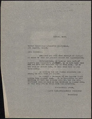 Sacco-Vanzetti Defense Committee typed letter (copy) to United Front Sacco-Vanzetti Conference, Los Angeles, Boston, Mass., approximately [February 28, 1927]