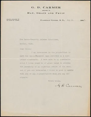 G. D. Carmer typed note signed to Sacco-Vanzetti Defense Committee, Clarence Center, N.Y., May 3, 1927