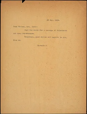 Bartolomeo Vanzetti typed note (copy) to Cerise Jack, [Charlestown], 22 November 1927