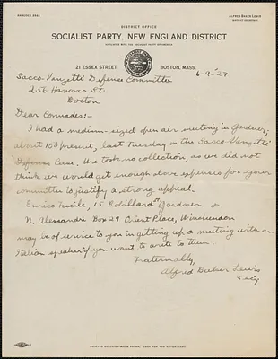 Alfred Baker Lewis (Socialist Party, New England District) autograph note signed to Sacco-Vanzetti Defense Committee, Boston, Mass., June 9, 1927