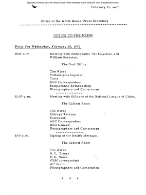 Pools for Wednesday, February 25, 1976 [Pool Assignments]