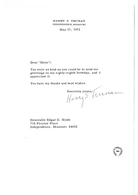 Letter from Harry S. Truman to Edgar Hinde