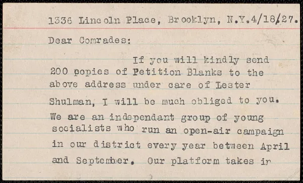 Lester Shulman (Socialist Youth Campaign Committee) typed letter to Sacco-Vanzetti Defense Committee, Brooklyn, N.Y., April 18, 1927