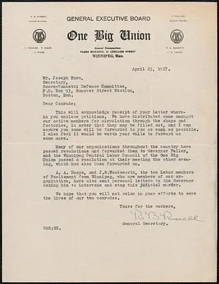 R. B. Russell (One Big Union) typed letter signed to Joseph Moro, Winnipeg, Manatoba, April 23, 1927