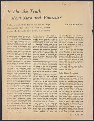 Herbert Brutus Ehrmann Papers, 1906-1970. Sacco-Vanzetti. Max Eastman: National Review, Oct. 21, 1961. Box 12, Folder 1, Harvard Law School Library, Historical & Special Collections
