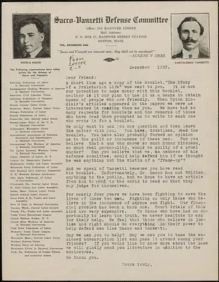 Sacco-Vanzetti Defense Committee typed letter (circular), Boston, Mass., December 1923