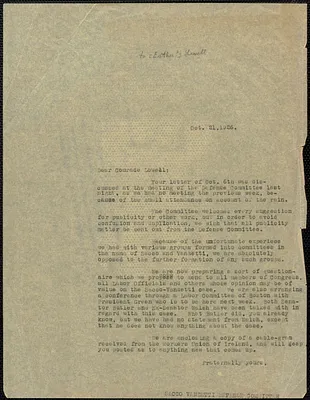 Sacco-Vanzetti Defense Committee typed letter (copy) to [Esther?] Lowell (The Federated Press), Boston, Mass., October 21, 1926