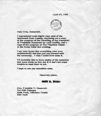 Letter from Harry S. Truman to Eleanor Roosevelt