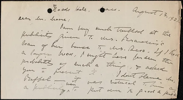 Elizabeth G[lendower] Evans autograph letter signed to [Fred H.] Moore, Woods Hole, Mass., August 13, 1921