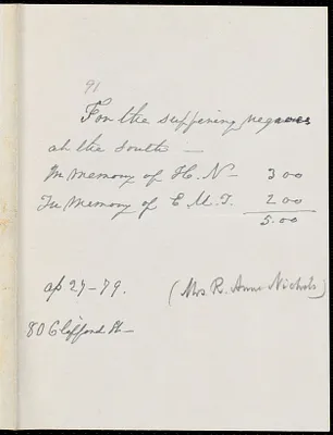 Note from R. Anne Nichols, 80 Clifford St[reet], to William Lloyd Garrison, Ap[ril] 27-[18]79