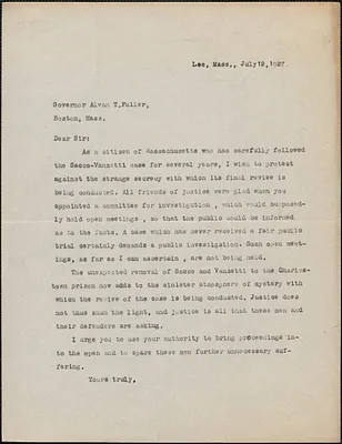 [Margaret Shipman] typed letter (copy) to Alvan T. Fuller, Lee, Mass., July 12, 1927