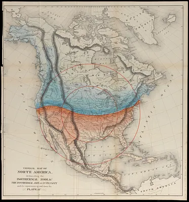 Thermal map of North America, delineating the isothermal zodiac, the isothermal axis of intensity, and its expansions up and down the plateau